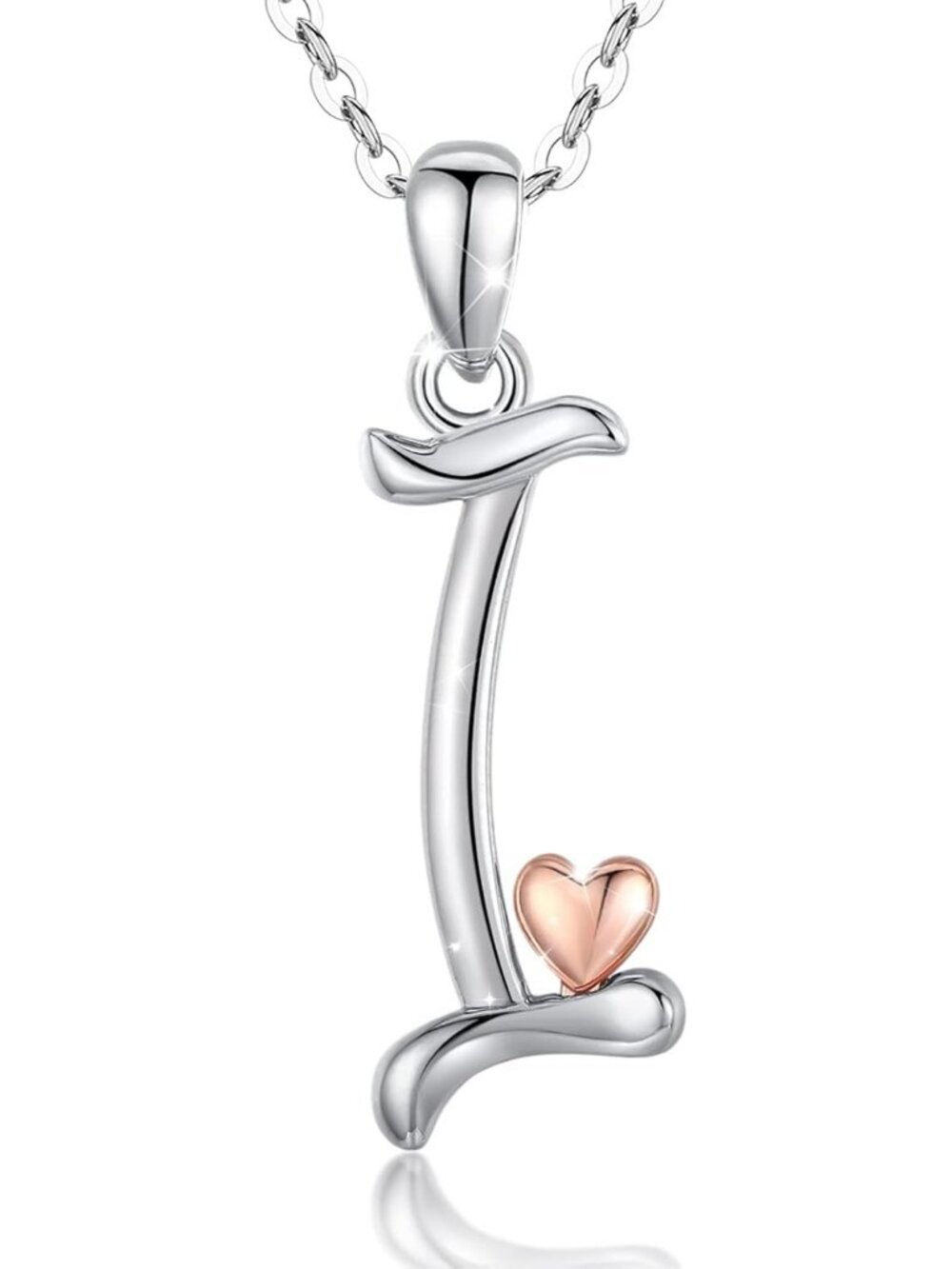 Women's Initial I Necklace Sterling Silver Letter Pendant Rose Gold Heart Chain